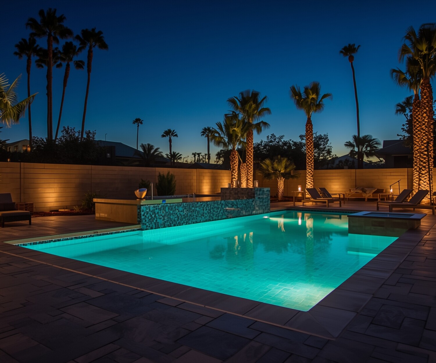 Luxury backyard with a custom-designed pool in Las Vegas featuring palm trees, ambient lighting, and modern patio decor at sunset.