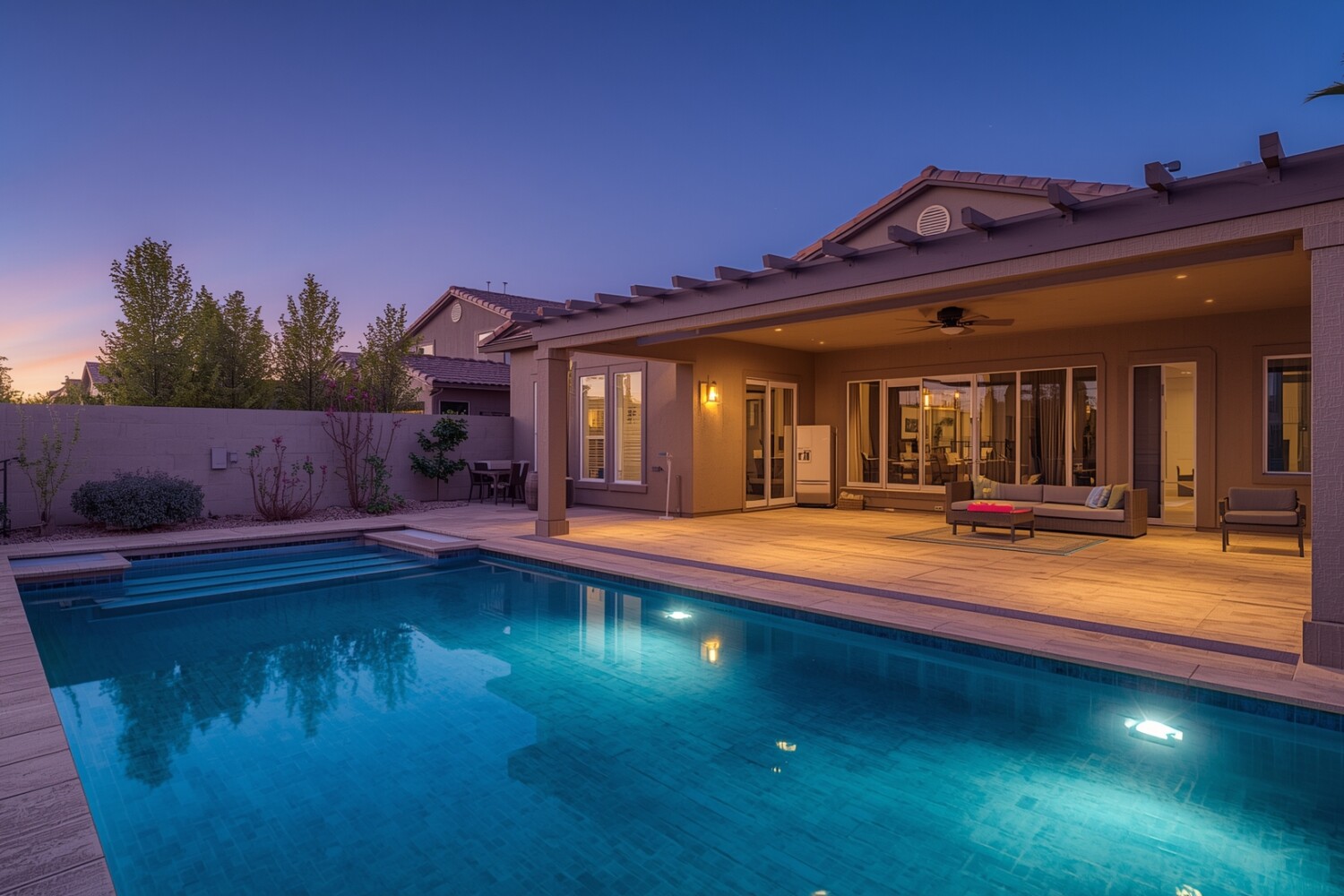 A modern Las Vegas backyard with luxury pool decking, porcelain pavers, built-in seating, and desert landscaping.