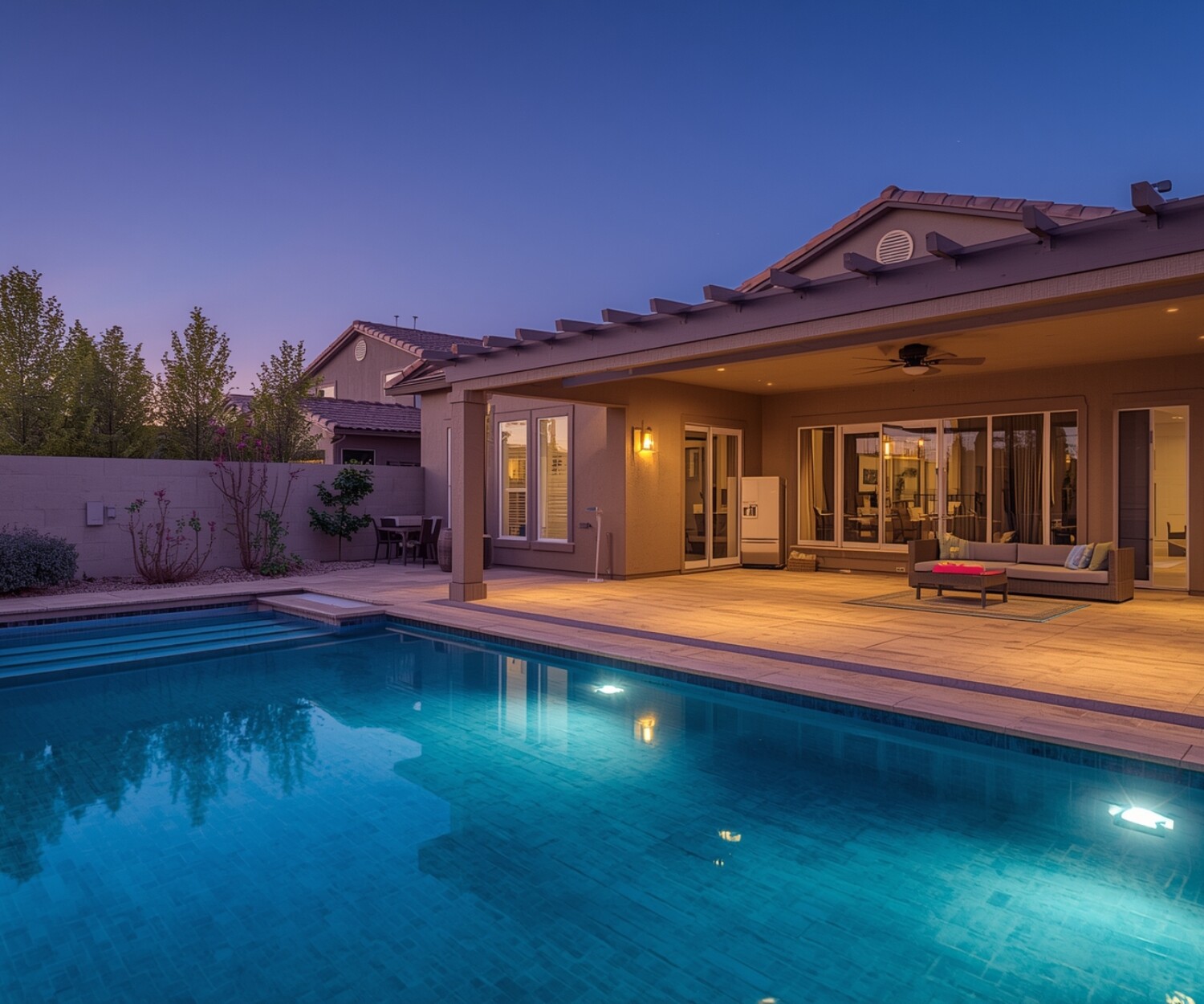 A modern Las Vegas backyard with luxury pool decking, porcelain pavers, built-in seating, and desert landscaping.